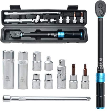 Zoomtools 11 st 3/8 tum justerbar förinställd vridmomentuttag tändstift vridmoment spärrnyckel set 5-60 Nm, med 8-10-14-16 mm uttag, 1/2 tum och 1/4 tum adaptrar för bil, motorcykel, lastbil