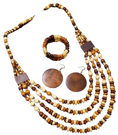 Colorful Ethnic Wooden Earrings Round Statement Dangle Earrings Multilayered Geometric Beaded Bracelet Necklace Set for Women Exaggerated Tribal Jewelry-Brown Beige Mixed