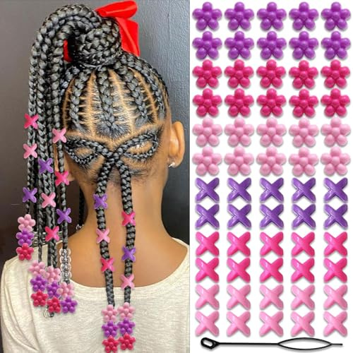 Auroriel 60 Stück Blumen Haarperlen Kinder Mädchen Bunte Zopfperlen Lila Pink Hellrosa Mischform mit Einfädelhilfe