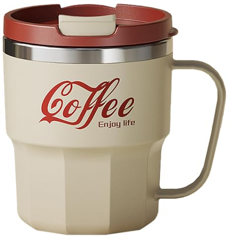 MiOYOOW 304 kaffekopp i rostfritt stål, 400 ml mugg, muggar med handtag och dubbelväggigt lock för varmt och kallt kaffe, mjölk och te