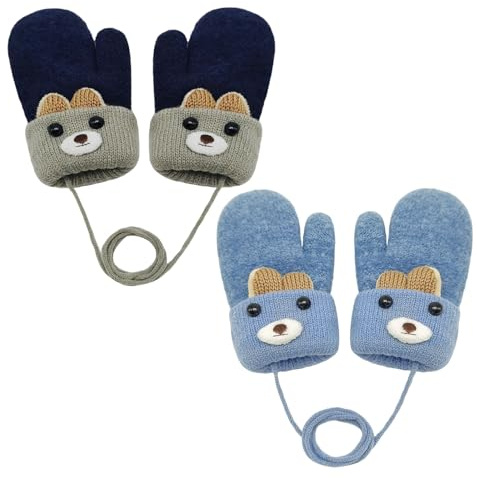 GYIOFAI Lot de 2 pares de guantes de invierno tejidos para bebé niño y niña, con diseño de osos, guantes elásticos cálidos y gruesos con forro de peluche con cordón para niñas bebés, Talla única