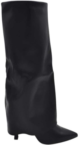 Stivali Donna al Ginocchio Shark a Punta in Pelle Nero con Risvolto Tacco a Spillo 8 Zip Intera (41 EU)