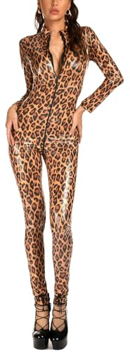 SamHeng Leopard Print Jumpsuit for Women PU Leather Sexy Zipper Catsuit | One Piece Full Length Leggings Bodysuit Shiny Long Sleeve Lingerie Tight Pants for Pole Dance Party Halloween Cosplay Club