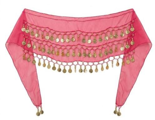 Visxcnu 1 Stück Bauchtanz Gürtel Rosarot 145cm 72 Goldmünzen Chiffon Hüfttuch Tanztuch Münzgürtel Bauchtanz Kostüm Tanzsport Kleidung