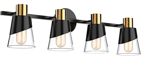 URSOLA Bathroom Light Fixtures, 4 Lights Bathroom Lighting Fixtures Over Mirror, 28.34 inch Black and Gold Design with Bevelled Edge and Clear Glass Shade Wall Lamp