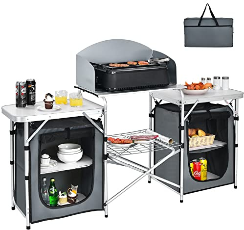 Giantex Camping Kitchen Station, Folding Grill Table with 26'' Tabletop, 2 Side Tables, Storage Organizer, Detachable Windscreen, Portable Camp Cook Outdoor Prep Station Backyard BBQ Picnic (Grey)