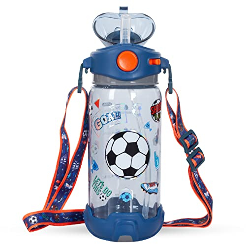 PinkSheep Borraccia per bambini con cannuccia/cordino, 650 ml, senza BPA, a prova di perdite, con tappo a ribalta, per scuola, bambini, ragazzi, scuola, sport, viaggi (calcio)
