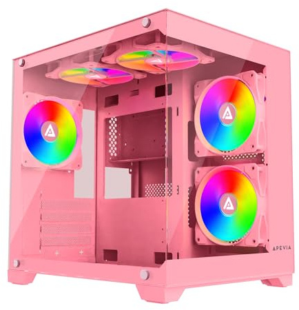 Apevia Prism-PK Prism Micro-ATX Gaming PC Cube Case w/ 5X 120mm ARGB Fans, 366 RGB Modes, Dual Tempered Glass Panels, 240mm Radiator Support, 1X USB3.0, 2X USB 2.0, HD Audio Port, Pink