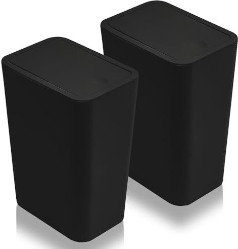 2 Pcs 9L Slim Bathroom Bin with Lid, Touch Top Dog Proof Narrow Trash Can, Plastic Thin Rubbish Bin for Bedroom Kitchen Office Toilet Living Room (Black)