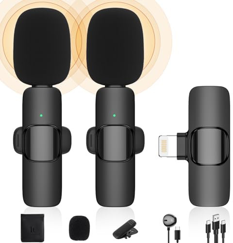 IUMAKEVP Wireless Lavalier Microphone Compatible with iPhone/iPad/iOS Phone/MacBook, Plug-Play Lapel Clip-On Mic with Noise Reduction for Video Recording/Live Steam/Interview/TikTok/YouTube (2 Mics)