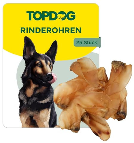 Topdog Rinderohren für Hunde 25 Stück - Ganze getrocknete Ohren - ohne fettige Muschel - 100% natürlich - Langes Kauvergnügen mit Geschmack und Pflege