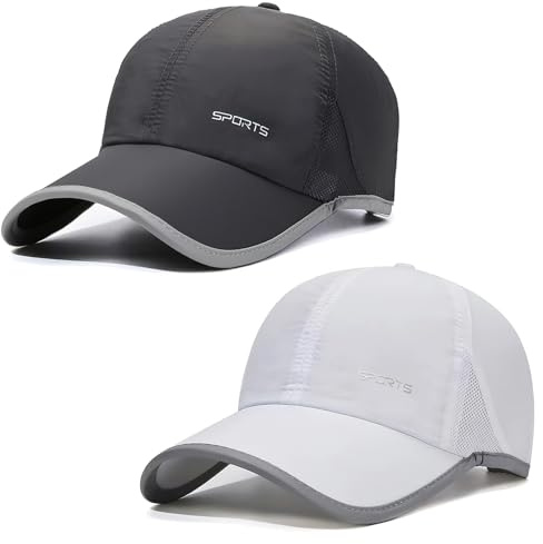 TAGVO 2-pack snabbtorkande baseballkeps, justerbar sommarmössa, män, ventilerande baseballkeps, sportkeps, lätt vikbar baseballkeps, sommar, sportmössa, 2 st (mörkgrå + vit), En Storlek