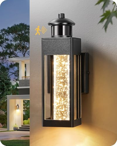 EDISHINE Motion Sensor Porch Lights Outdoor, Dusk to Dawn Exterior Lighting Fixtures with Crystal Bubble Glass, LED Outside Wall Sconce Lantern for Garage 1100 Lumen