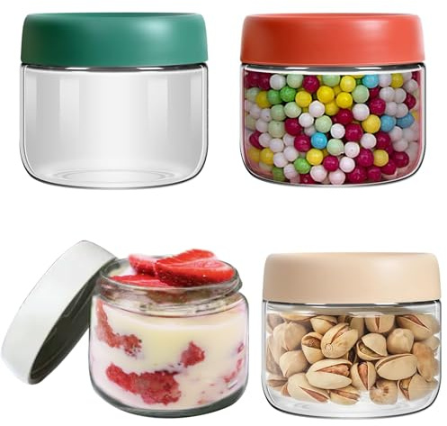 4 Pezzi Barattoli Vetro Tondi Sigillanti, 300ml Contenitore Avena Riutilizzabili, Barattoli Cucina Piccoli con Coperchi Vite, Vasetti Vetro con Tappo per Insalata, Frutta, Ogurt, Marmellata, Spezie