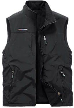 Vivikivi Gilet polaire pour homme, imperméable, chaud, sans manches, avec poches, gilet d'hiver réversible pour le travail, la pêche, la photographie, le sport de plein air, Noir, M