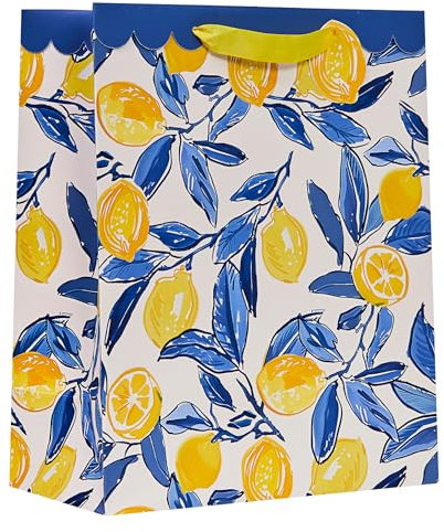 Design By Violet La Dolce Vita Large Gift Bag – Lemon Tree Illustration with Blue & Yellow Leafy Pattern – Luxury Paper Bag for Birthdays & Celebrations