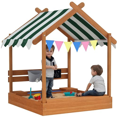 Outsunny Sandkasten mit Dach, Sandkiste aus Holz mit Sitzplatz, Spielhaus, 124 x 116 x 146 cm Sandbox mit Tafel für 3-7 Jahre Kinder, Garten, Grün