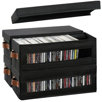 Coorganisers 4 Packs CD Storage Box with Visible Window, Stackable CD Case Holder with Dustproof Lid and Handles, Holds Up to 148 CDs in Full Jewel Cases-15.75 x 6.10 x 5.31 Inches-Black