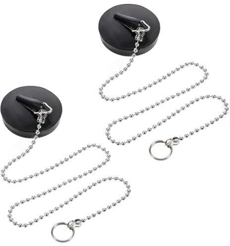 JJUNW Lot de 2 bouchons de lavabo en caoutchouc avec chaîne à billes en acier inoxydable - Diamètre : 42 à 47 mm - Pour baignoire, cuisine, lavabo et canalisation