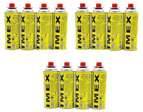 IMEX Butan Gaskartuschen 227g mit Ventil Typ MSF-1a, Universal Gaskartusche Butangas Kartuschen für Campingkocher, Gasheizung, Gasbrenner, Unkrautbrenner, Lötbrenner (12x Kartuschen)