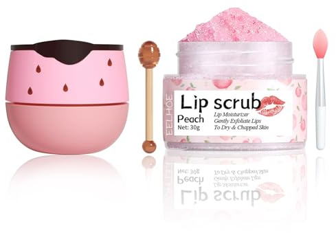 VolksRose Duo de Soin des Lèvres Fruité - Gommage à la Pêche et Masque à la Fraise avec Bâton de Miel et Pinceau - Pour Lèvres Sèches, Gercées et Lignes Fines