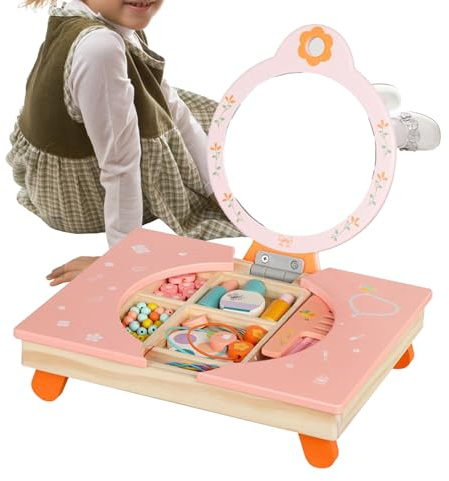 Ratpzou Coiffeuse d'Imitation pour - Table De Toilette en Bois avec Miroir - Set de Rêve Pliable Fille avec Peigne et Cosmétiques,pour Jeu d'Habillage Chambre d'enfant et Noël