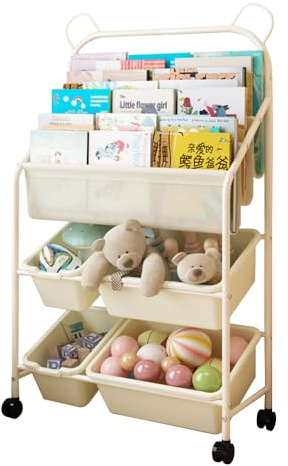 Uptyia Organizador de Juguetes de 5 Niveles con Estantería para Libros | 4 Cajas de Almacenamiento, Con Ruedas, Diseño de Orejas de Oso, Beige, 63 × 28 × 106 cm