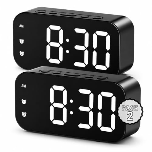 AKIDOS Pack de 2 – Reloj Digital Despertador con Doble Alarma, Pantalla LED Espejo HD, luz Nocturna cálida por Voz, Brillo Ajustable, Temperatura en Tiempo Real, silenciosos, Color Negro
