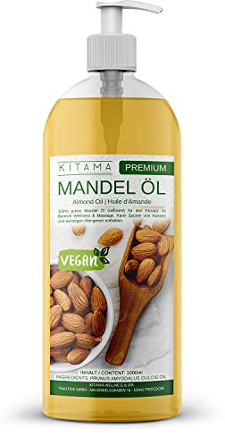 Kitama Mandelöl 100% rein 1000ml (1 Liter) Naturkosmetik - sanftes Baby-Öl, natürliches Pflege-Öl für Haut & Haar - Ideal für Aromatherapie als Basisöl Massageöl