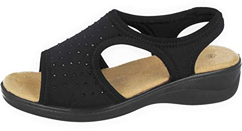Yinka Shoes Ladies Stretch Canvas Diamante Wide Fit Lightweight Comfort Peep Toe Elastic Sling Back Flat Summer Sandals Size 3-8 (Black, Numeric_6)