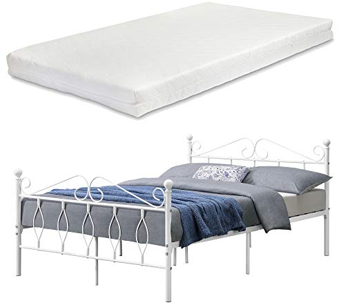 [en.casa] Metallbett Apolda 140x200 cm Jugendbett mit Matratze und Lattenrost Bett mit Kaltschaummatratze Weiß