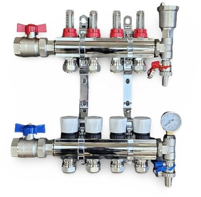 Wärmer System 4 Port Underfloor Heating Complete Manifold with Pipe Connections, Ball Valves, Automatic Air Vent and Pressure Gauge End Unit(15mm eurocone)