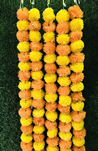 Guirnalda de caléndula artificial de 5 pies para fiesta de boda india/americana, guirnaldas de imitación de boda, decoración Diwali, decoración de manto, Diwali, flores de arbusto primaveral (naranja