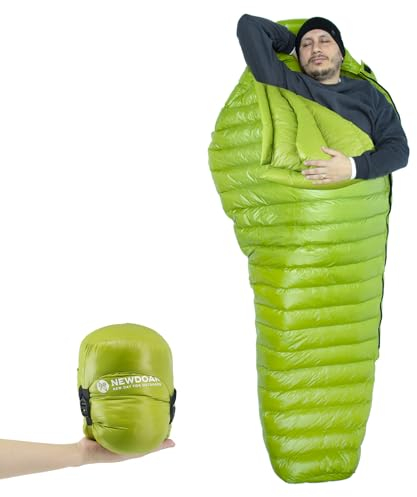NewDoar Ultraleichter Camping-Schlafsack 800FP Weiße Entendaunen Frühling Sommer Outdoor Herbst Mumienschlafsack für Wandern Zelt (Entendaunen Grün)