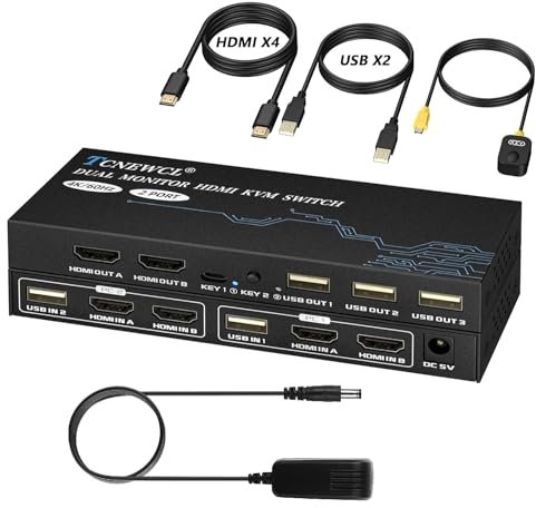 Dual Monitor HDMI KVM Switch with UK Powered Supply, 4K@60Hz Switcher for 2 Monitors 2 Computers, Included 4 HDMI Cable and 2 USB Cable