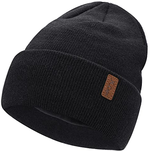 Damen Herren Winter Warm Beanie Mütze Strickmütze Slouchy Thermo Wintermütze Cuffed Skull Cap mit Fleece Gefütterte Frauen Geschenk, Schwarz, Einheitsgröße