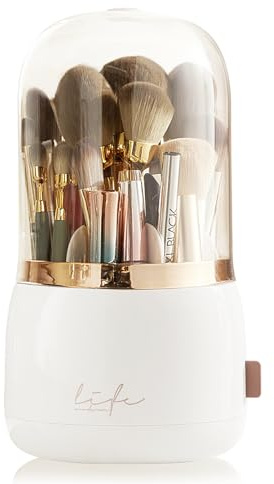 Lebenrich Porta pennelli da trucco rotante con coperchio, porta pennelli rotante, organizer per trucco con copertura trasparente, contenitore per cosmetici in acrilico (bianco perla)