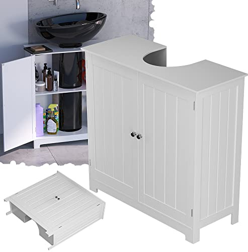 White Under Sink Bathroom Cabinet Free Standing Cabinets, Bathroom Basin Tall Cabinet with Double Doors, Floor Standing Storage Cupboard Basin Unit with Compartment Adjustable Shelf, 60 * 60 * 30cm