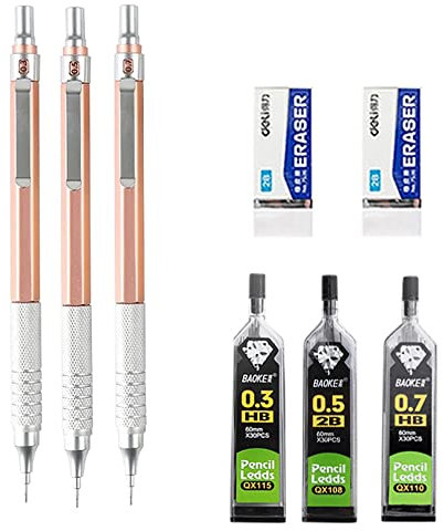 JOMPENS All metal mechanical pencil set, 0.3,0.5,7 filled lead, tycoon gold rose gold art drawing pencil (rose gold)