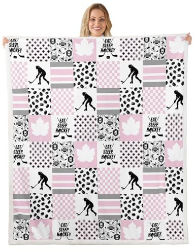 Erosebridal Ice Hockey Twin Size Fleece Blanket for Girls, Puck Sports Games Fuzzy Blankets for Kids Teens Bedroom, Hockey Player Throw Blanket Plaid Patchwork Blankets, Pink White Black