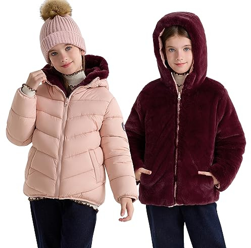 maoo garden Chaqueta Hinchada Reversible de Invierno para Niñas Abrigo Resistente al Agua con Forro Polar Difuso de Plumón Falso Pesado para Niños Rosa 116