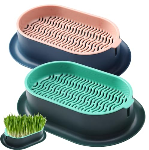 SPORWAY 2 Stück Pflanzschalen für Katzengras, Katzengras Sämlingsbox Keimschale Anzuchtschalen Keimung, Praktische Pflanzkasten Doppelschicht für Katzengras, Seed Sprouter (Rosa-Blau + Blau-Grün)