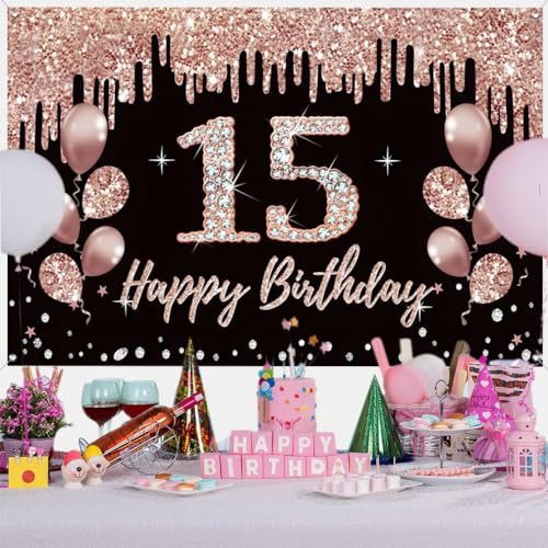 15. Geburtstag Dekoration für Mädchen, Party Dekoration Schwarz und Roségold Stoffschild Hängeposter, 15. Geburtstag Hintergrund Banner Party Willkommensschild