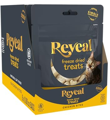 Reveal Natural Freeze-Dried Cat Treats, Single Ingredient, Grain Free, High Protein, Perfect for Training, Treating or Snacking, Chicken Breast Bites (8 x 0.88 oz Bags)