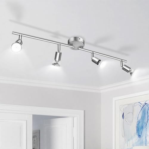 wowatt Lampadario Faretti LED Interno Orientabili, Lampada da Soffitto 4 Faretti, 4X 5W GU10 LED Lampadine Incluse, Bianca Fredda 6000K 420LM, Plafoniere per Camera, Soggiorno, Corridoio, Cucina