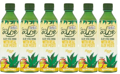 Grace Aloe Vera Mango Drink 500ml Pack of 6 Natural Flavour Vitamin C Real Aloe Pieces Healthy Hydrating Juice Beverage with Welari Thank You Card | (6pack) (3000ml)