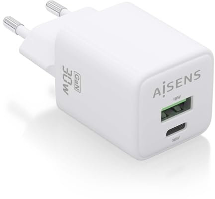 CARGADOR AISENS GAN 30W 1XUSB-C PD3.0 QC4.0 1XUSB-A QC3.0 BLANCO