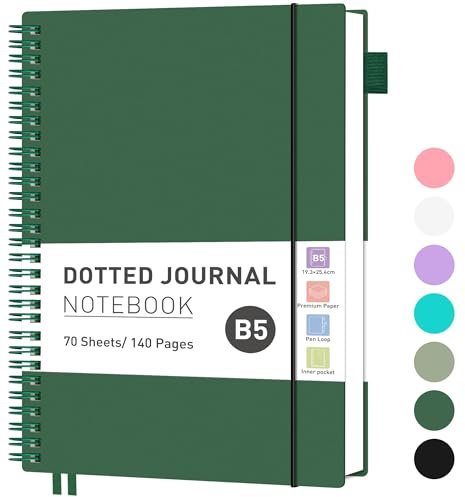 RETTACY Notizbuch B5 Gepunktetes, Bullet Dot Journal, Leichtgewicht Collegeblock, 70 Blatt / 140 Seiten Zum Schreiben, 100gsm, PVC Rinbuch, für Frauen Männer Arbeit Büro, 19.3x 25.4cm - Dunkelgrün