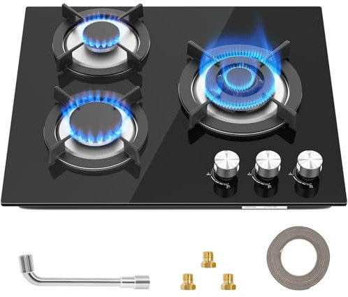 Plaque de Cuisson Gaz 3 feuxs, Plaque de cuisson encastrable 3 foyers, Convient pour le Gaz Naturel ou le Propane (Noir)
