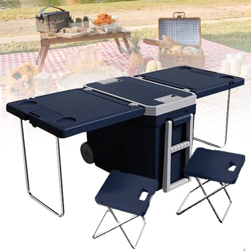 Rolling Cooler Folding Utility Cart on Wheels - Portable Table Chairs for Picnic Camping Outdoor - No Electricity or Compressor -